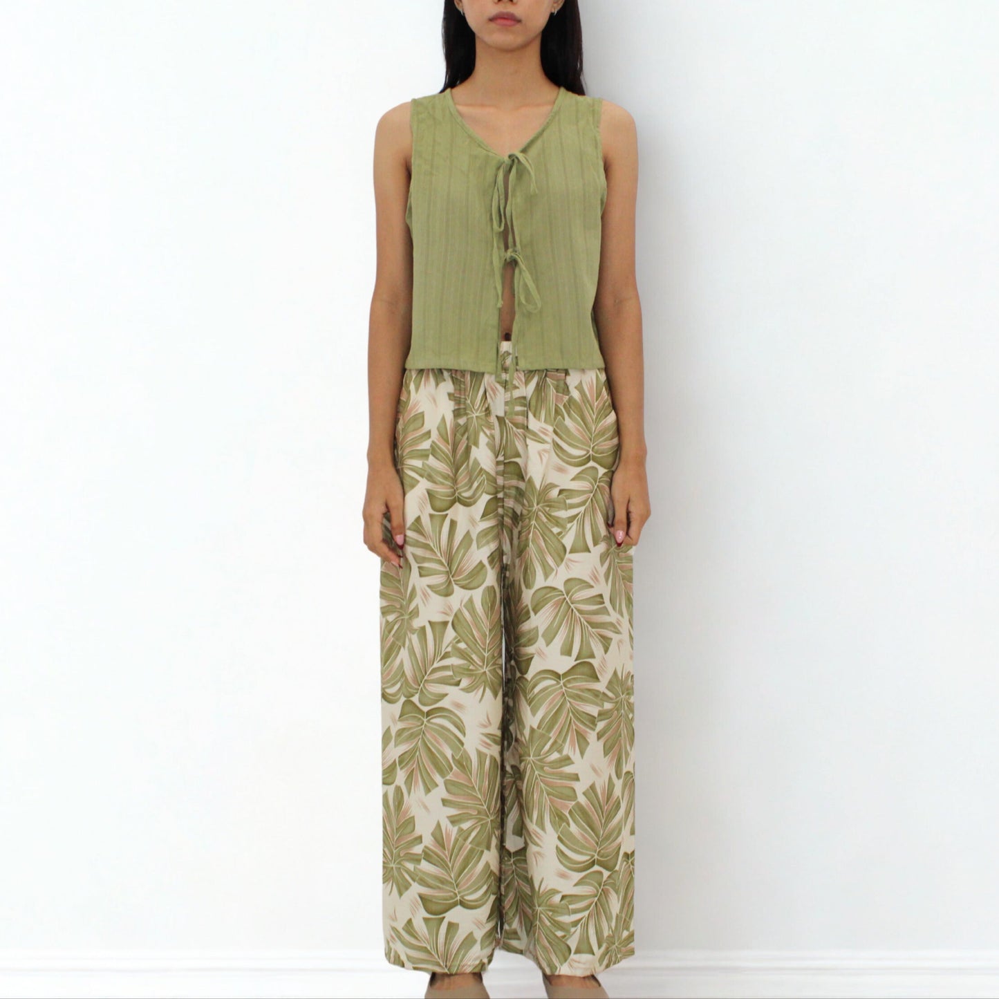 Olive Green Tie-Front Sleeveless Top – 100% Cotton