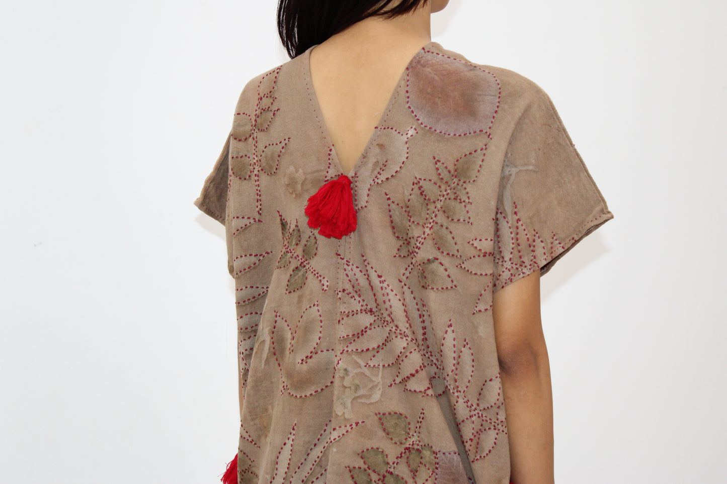 Red Tassel Botanical Dress – Eco-Printed Cotton