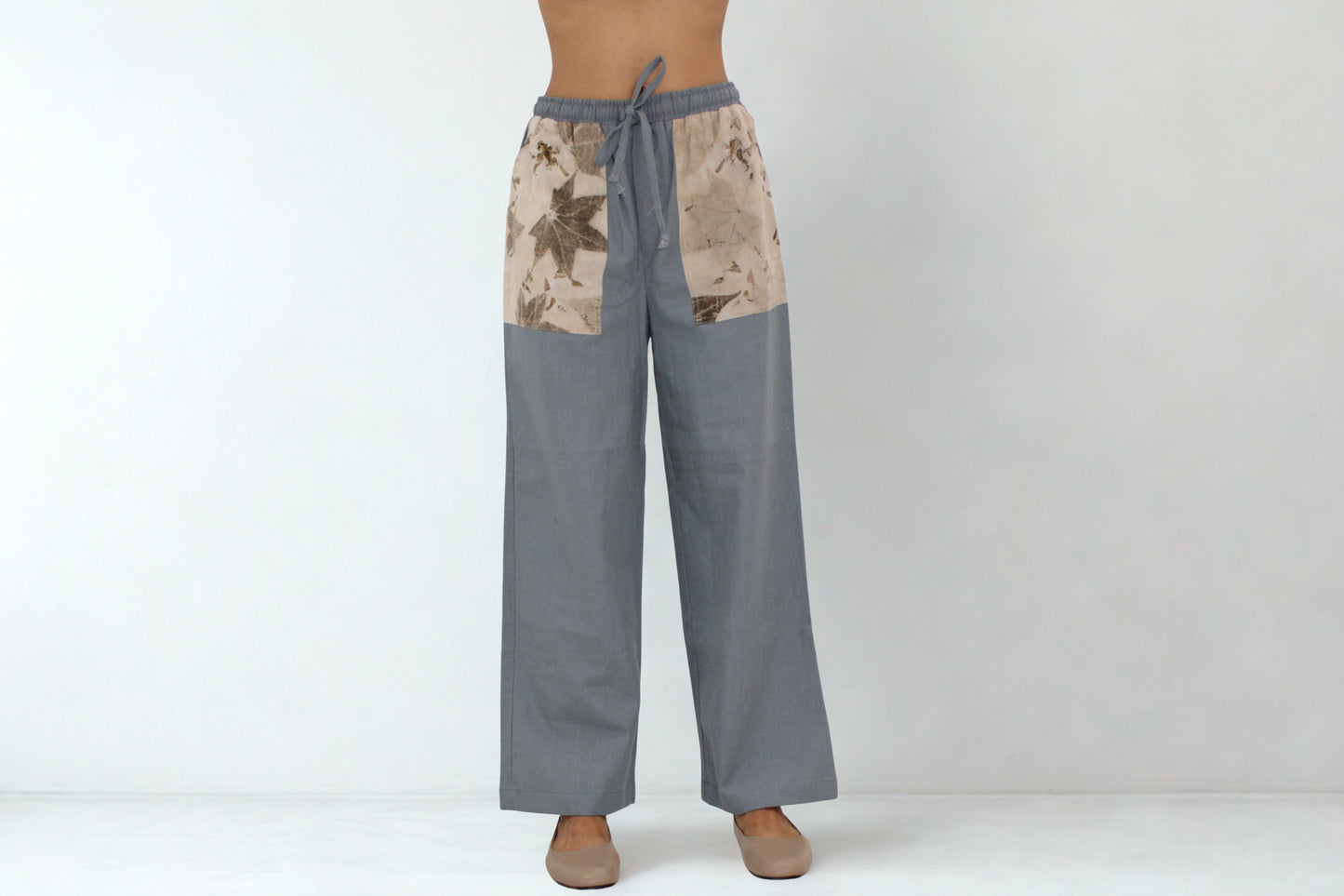Eco Print Cotton Drawstring Pants – Botanical Pocket Detail