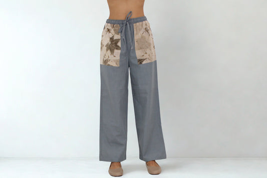 Eco Print Cotton Drawstring Pants – Botanical Pocket Detail