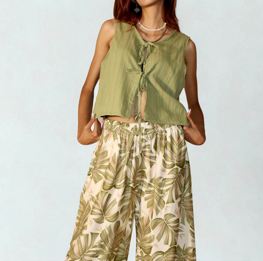 Olive Green Tie-Front Sleeveless Top – 100% Cotton