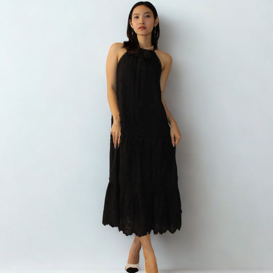 Black Cotton Embroidered Midi Dress