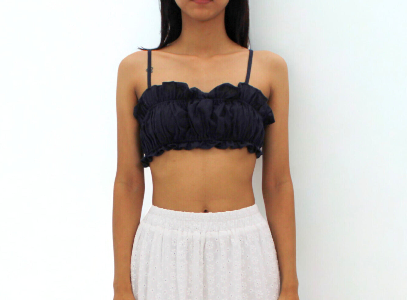 Amari Ruffle Bralette Top – Adjustable Tie-Back -Navy